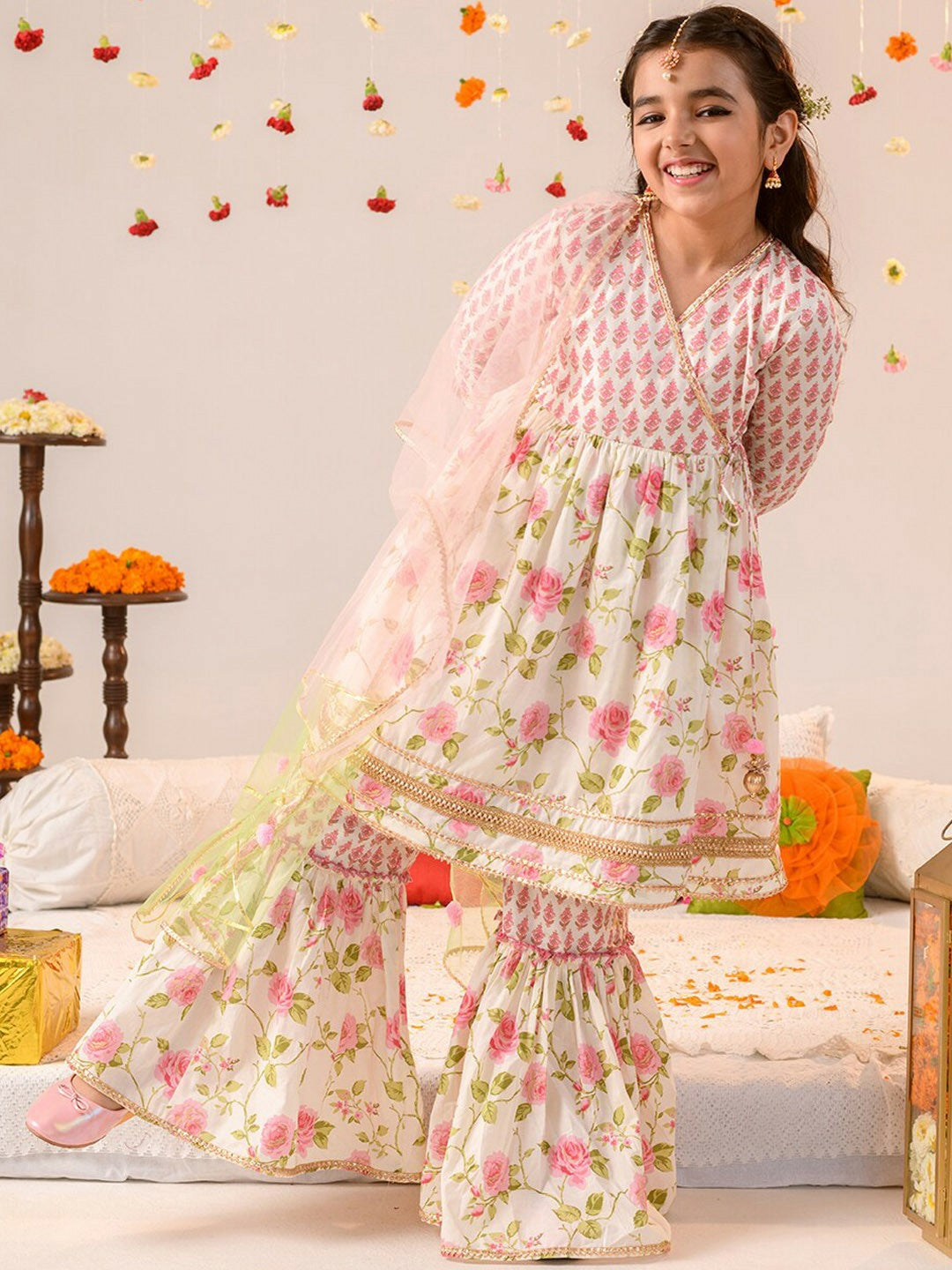 Off-White Angrakha Kurti with Sharara & Dupatta | Floral Print | Indiaista