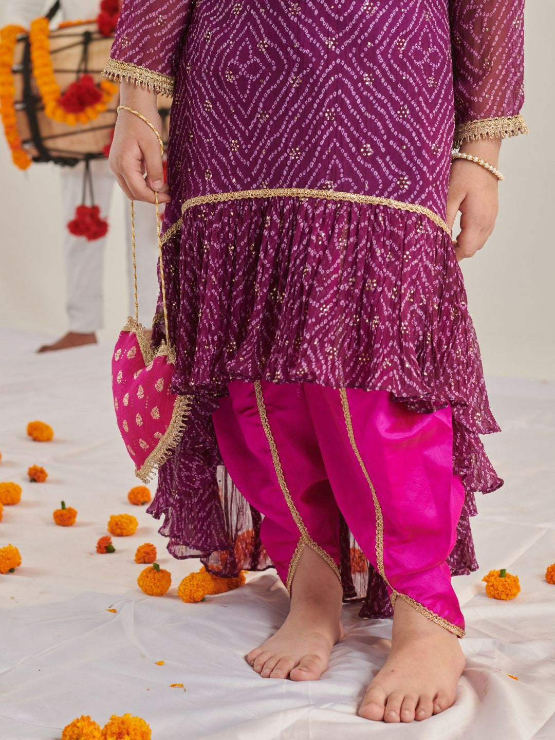 Buy Purple Bandhani Printed Kurti with Dhoti Pants for Girls | Indiaista