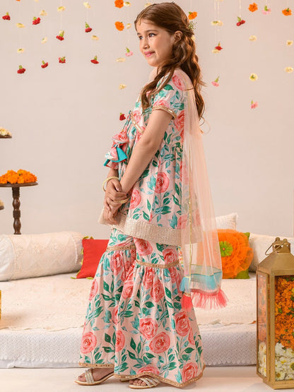 Buy Peach Floral Printed Girls Kurta Sharara Set with Dupatta – Pure Cotton | Indiaista