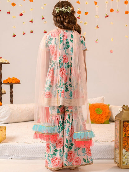 Buy Peach Floral Printed Girls Kurta Sharara Set with Dupatta – Pure Cotton | Indiaista