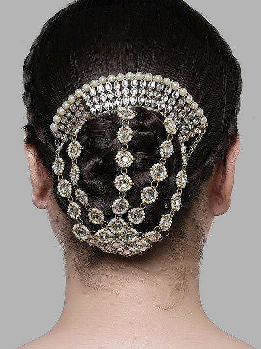 Gold-Toned & White Embellished Women’s Head Chain – Elegant Hair Accessory for Weddings & Festive Wear | Indiaista