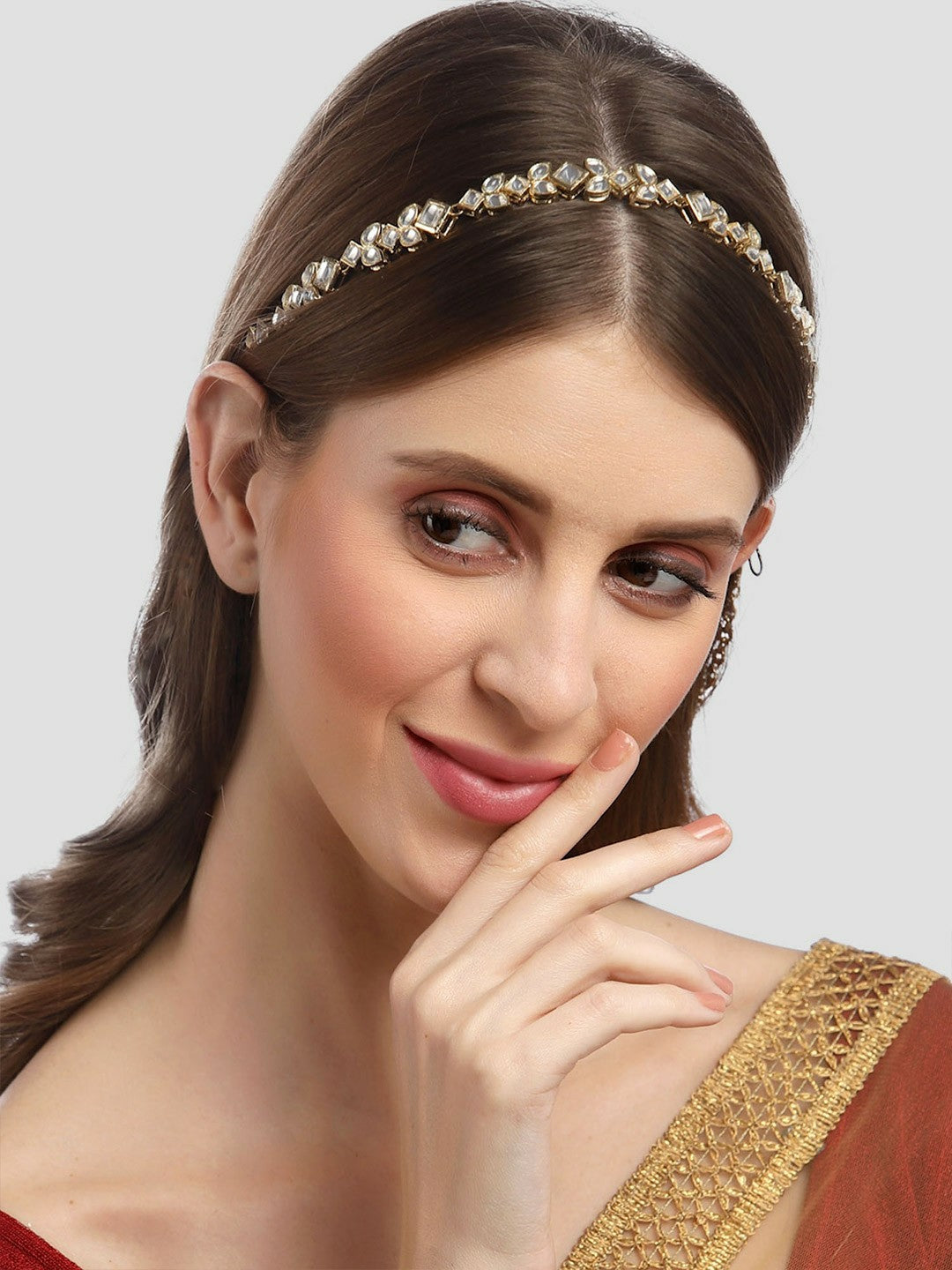 Silver-Toned Gold-Plated Kundan Head Chain for Women – Handcrafted & Embellished Hair Accessory | Indiaista