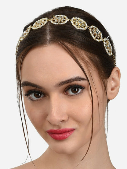 Women’s Gold-Toned Kundan & Pearl Head Chain – Ethnic Hair Accessory for Weddings & Festivals | Indiaista