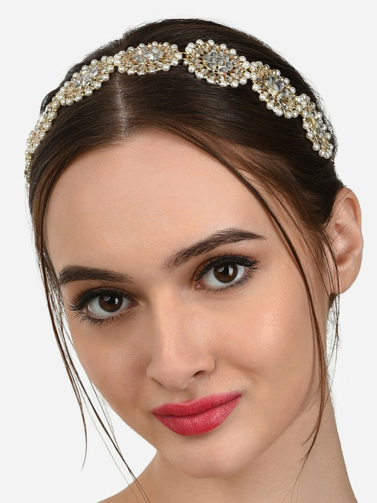 Gold-Toned & White Kundan Pearl Hairband for Women – Ethnic Head Chain | Indiaista