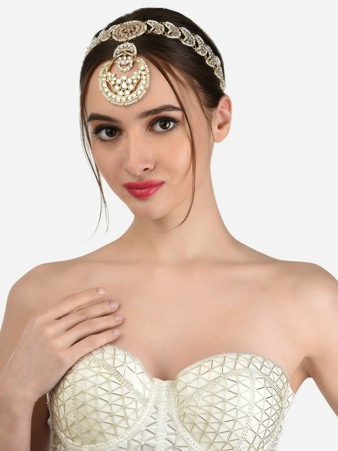 Gold-Plated Kundan Matha Patti for Women – Pearl Beaded Bridal Maang Tikka | Indiaista