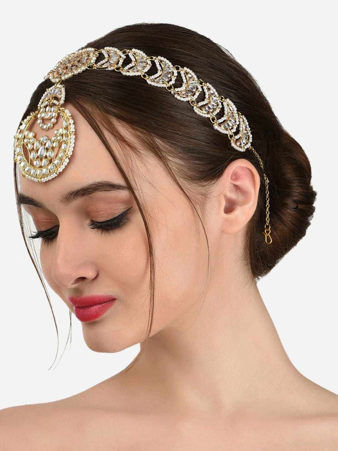 Gold-Plated Kundan Matha Patti for Women – Pearl Beaded Bridal Maang Tikka | Indiaista