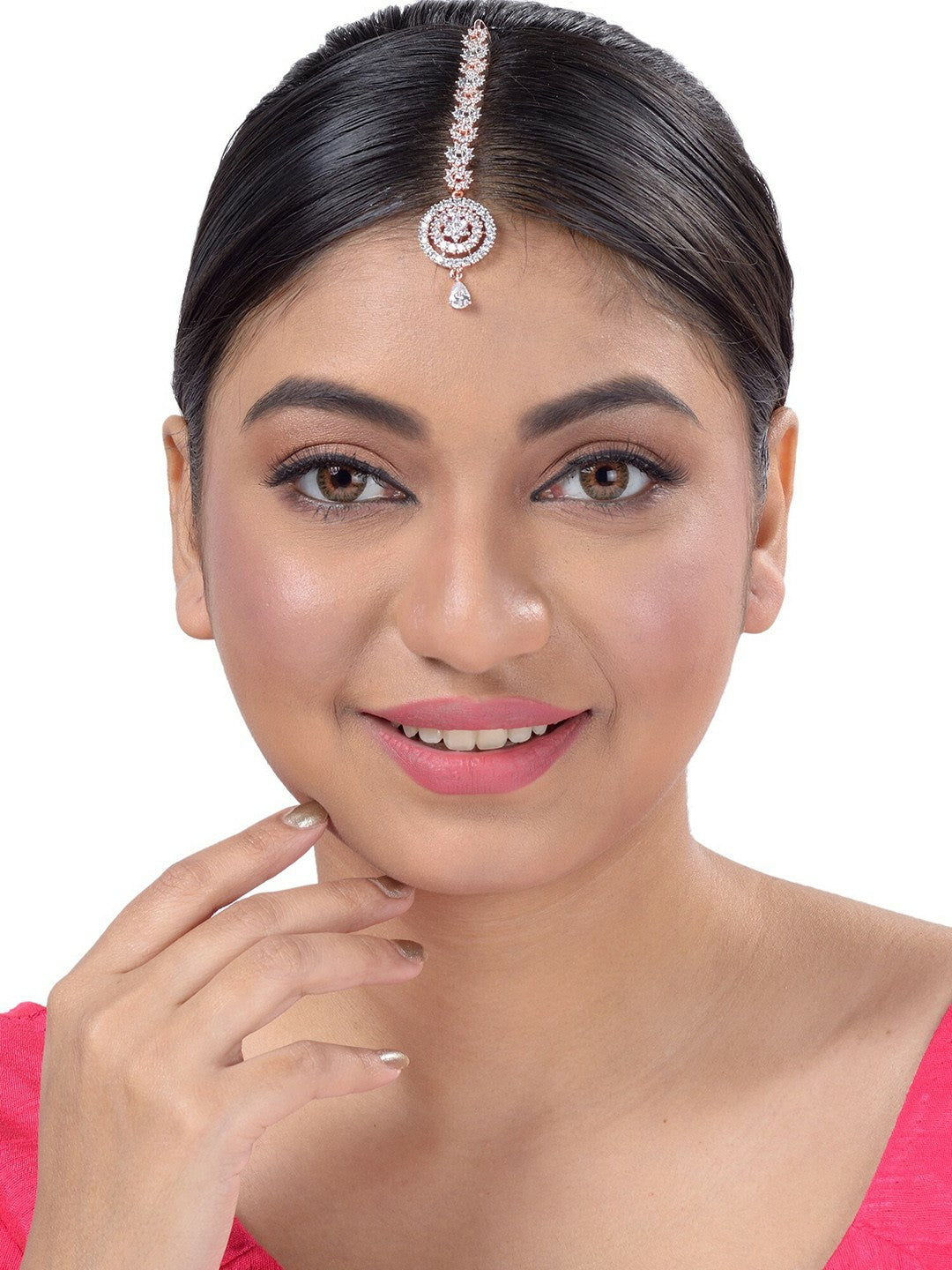 Rose Gold-Plated Jadau Matha Patti – Handcrafted with White AD & CZ Stones | Indiaista