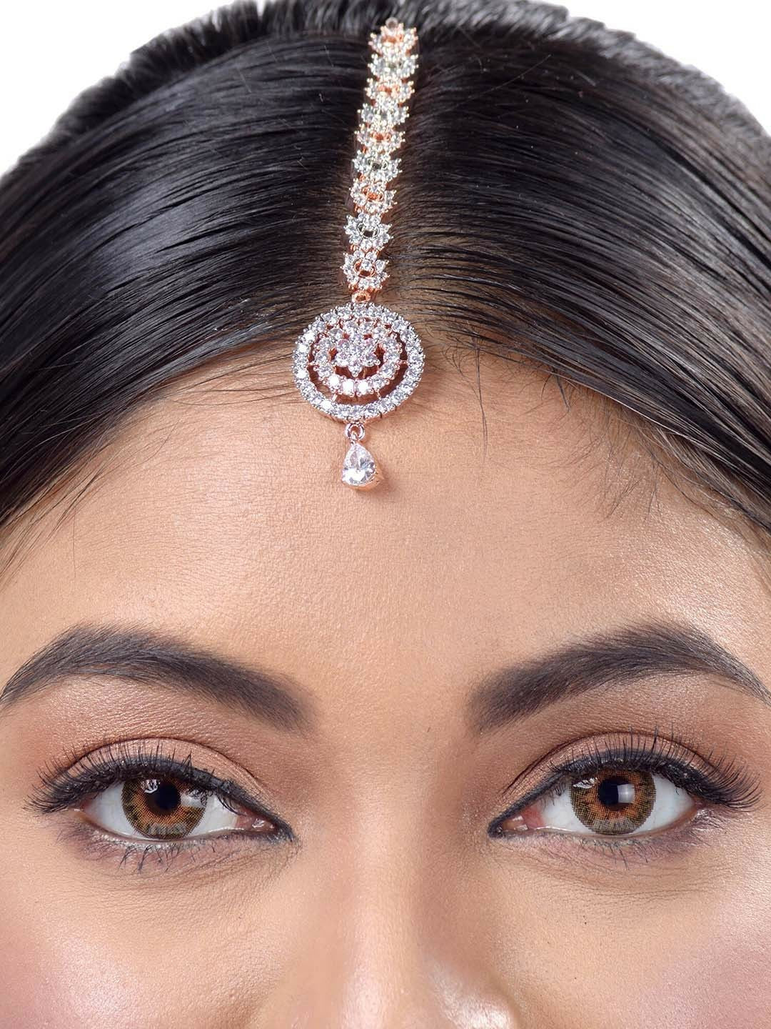 Rose Gold-Plated Jadau Matha Patti – Handcrafted with White AD & CZ Stones | Indiaista