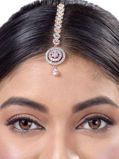 Rose Gold-Plated Jadau Matha Patti – Handcrafted with White AD & CZ Stones | Indiaista