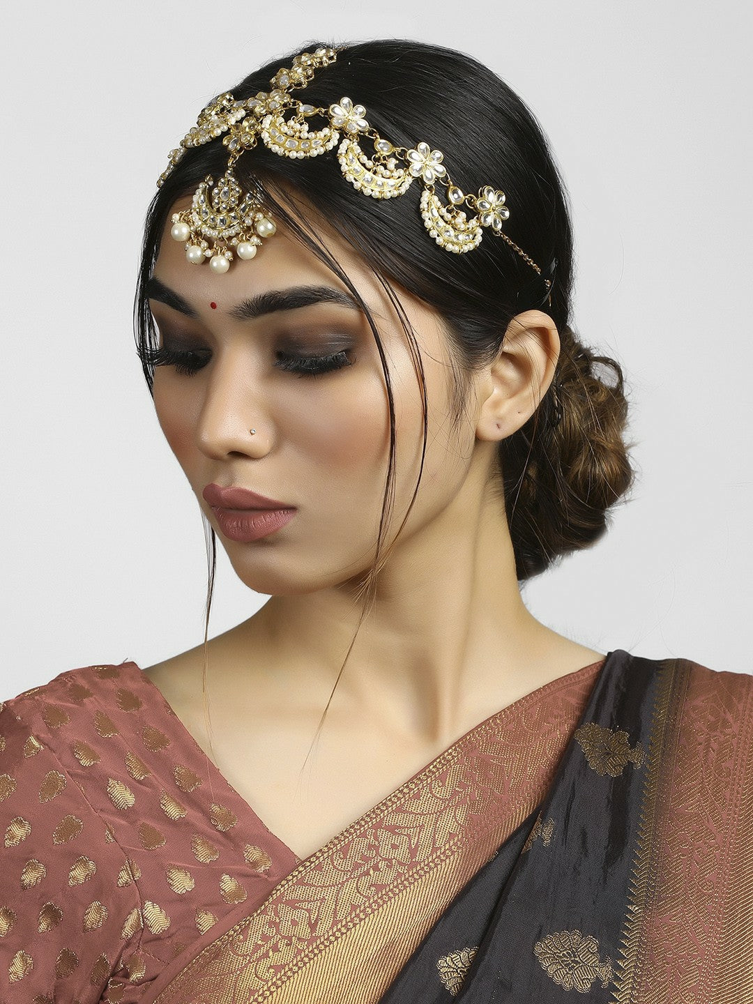 Gold-Plated Kundan & Pearl Matha Patti – Handcrafted Bridal Headpiece | Indiaista