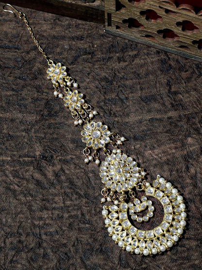 Gold-Plated Kundan Matha Patti for Women – Handcrafted Pearl Beaded Maang Tikka | Indiaista