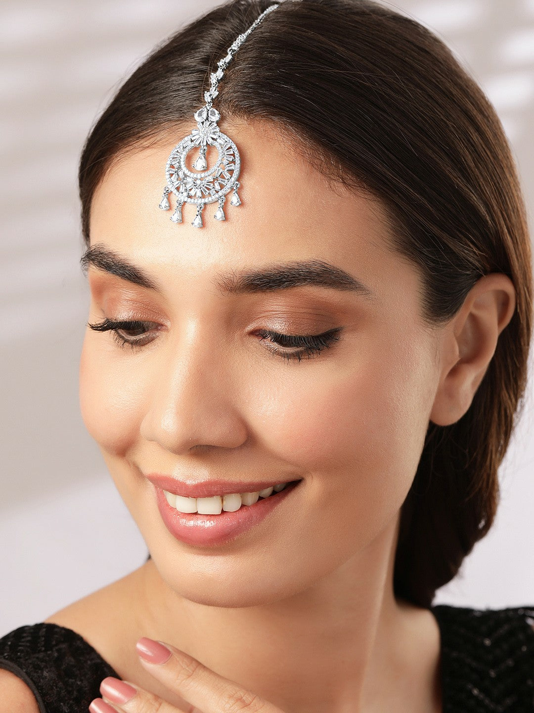 Silver-Plated AD & Cubic Zirconia Matha Patti – Elegant Maang Tikka for Women | Indiaista