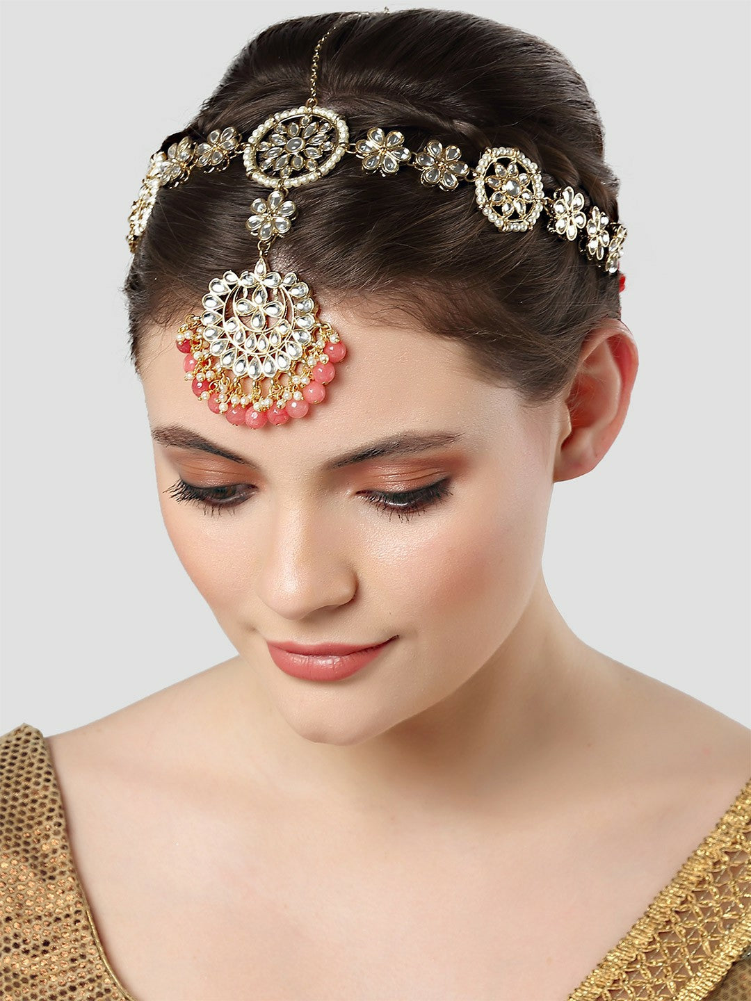 Gold-Plated Peach Pearl & White Kundan Matha Patti – Bridal & Ethnic Hair Accessory | Indiaista