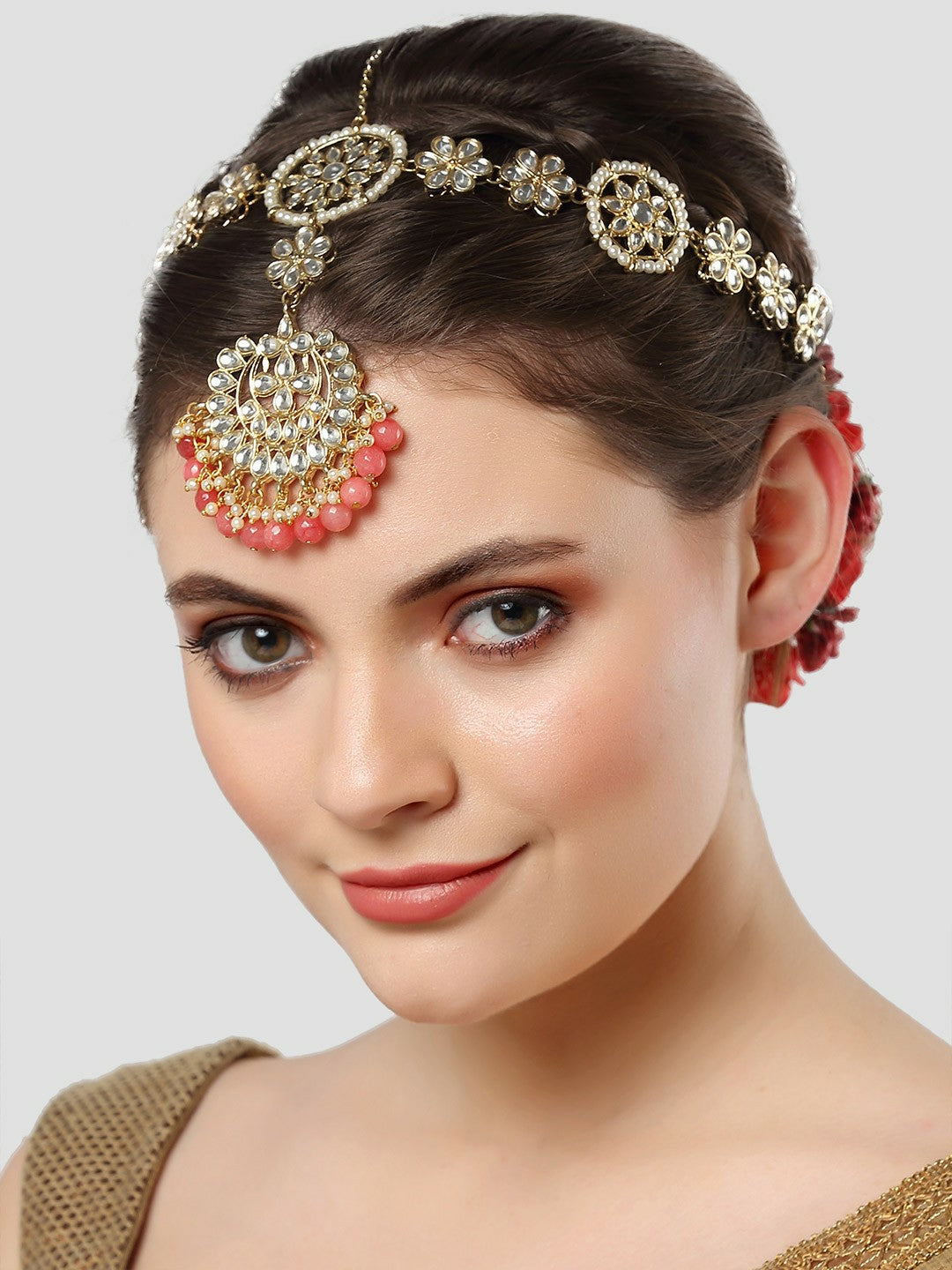 Gold-Plated Peach Pearl & White Kundan Matha Patti – Bridal & Ethnic Hair Accessory | Indiaista