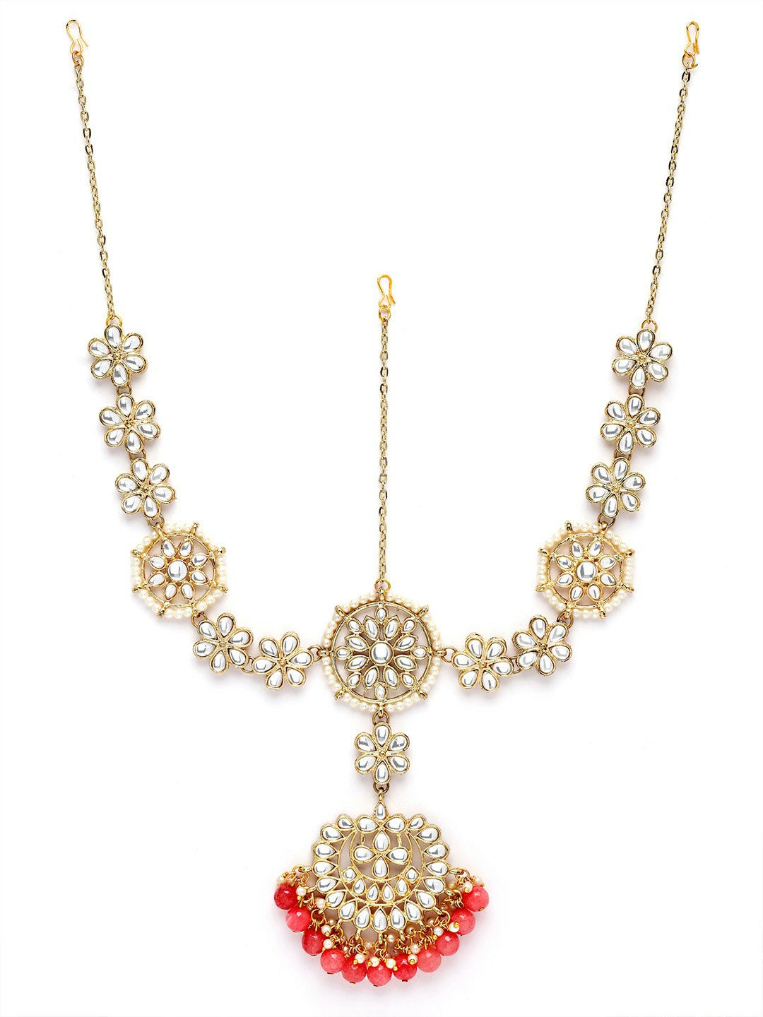 Gold-Plated Peach Pearl & White Kundan Matha Patti – Bridal & Ethnic Hair Accessory | Indiaista