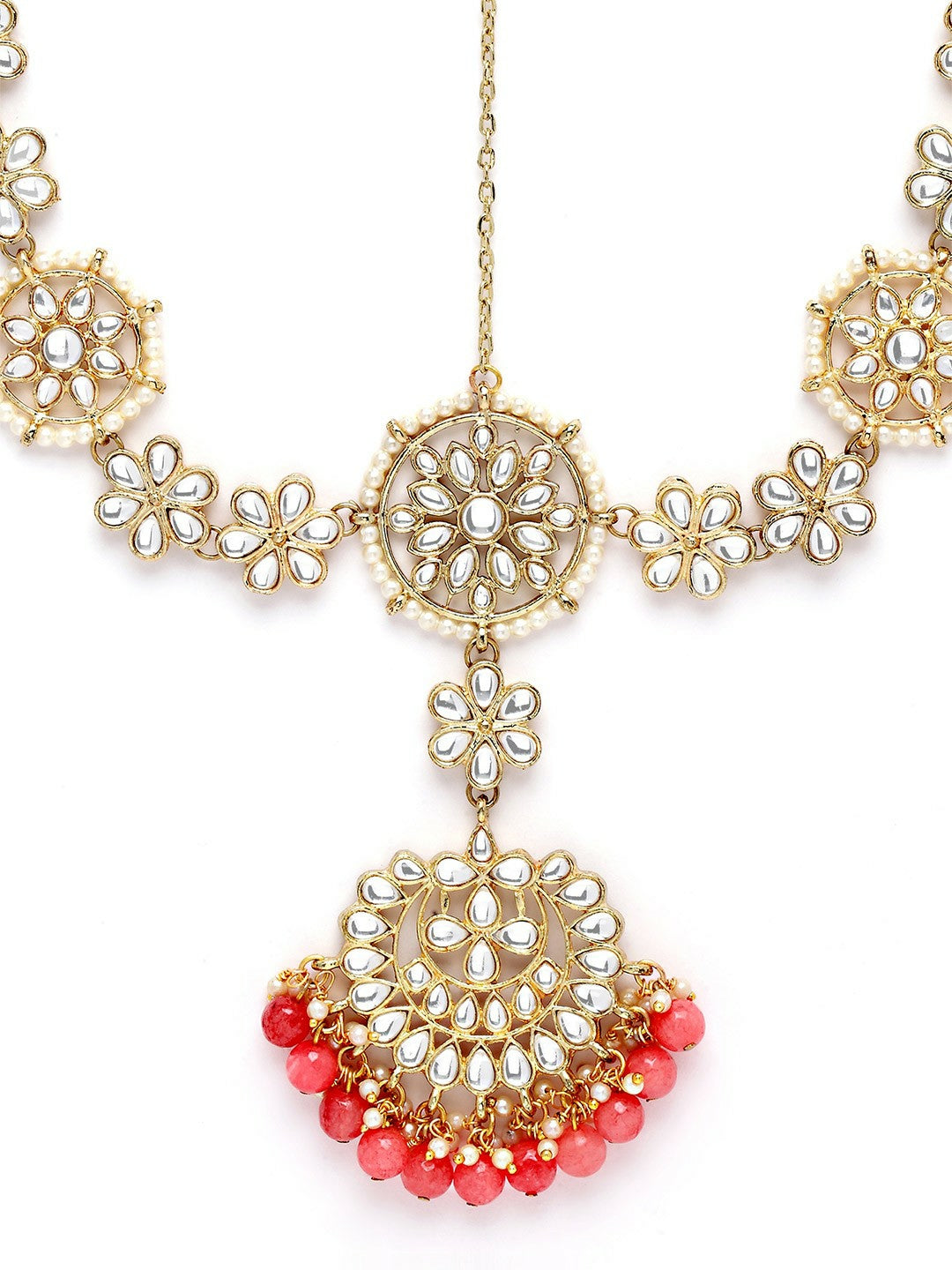 Gold-Plated Peach Pearl & White Kundan Matha Patti – Bridal & Ethnic Hair Accessory | Indiaista