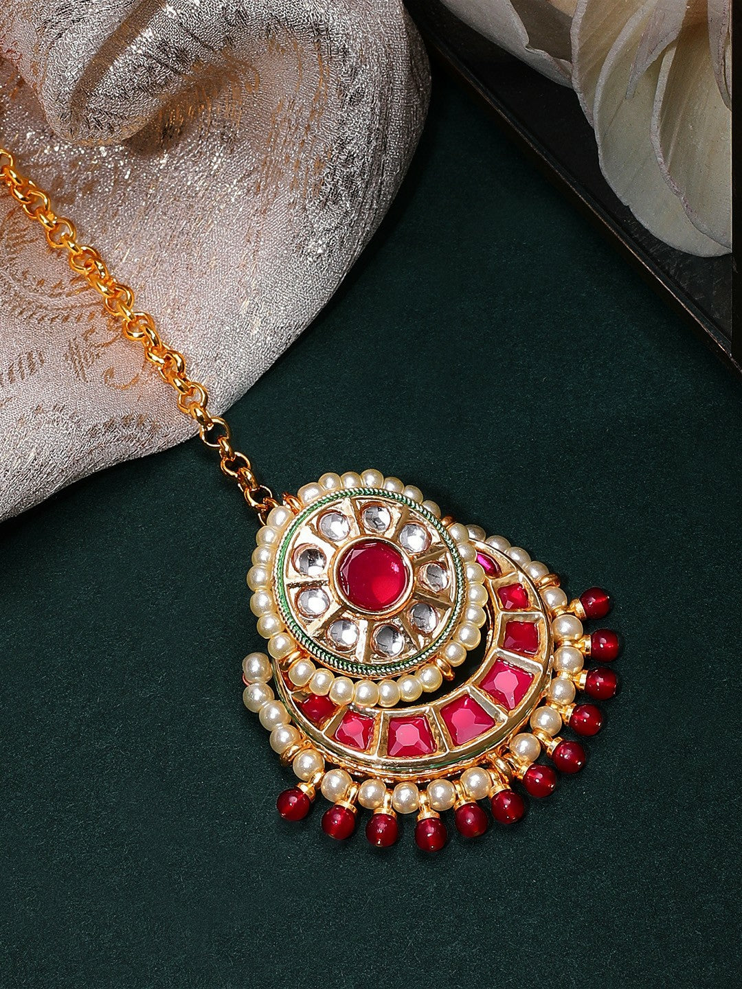 Gold-Plated Kundan Matha Patti for Women – Red & Off-White Stones, Pearl Beads | Indiaista