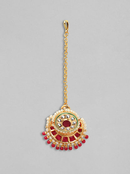 Gold-Plated Kundan Matha Patti for Women – Red & Off-White Stones, Pearl Beads | Indiaista