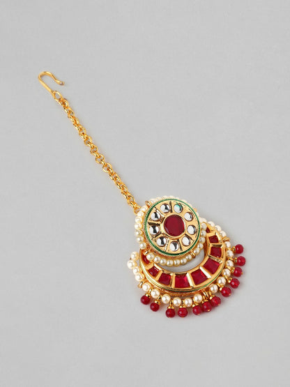 Gold-Plated Kundan Matha Patti for Women – Red & Off-White Stones, Pearl Beads | Indiaista