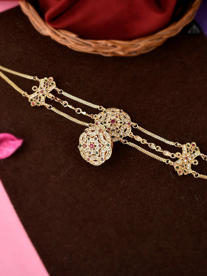 Gold-Plated Kundan & CZ Matha Patti – Handcrafted Maang Tikka with Pearl Beads | Indiaista