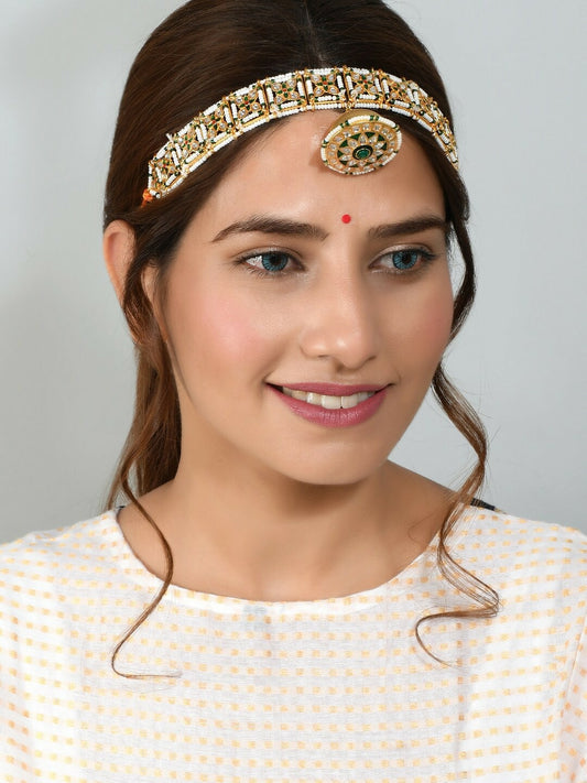 Green & White Gold-Plated Matha Patti – Jadau Stone & Beaded Bridal Headpiece | Indiaista