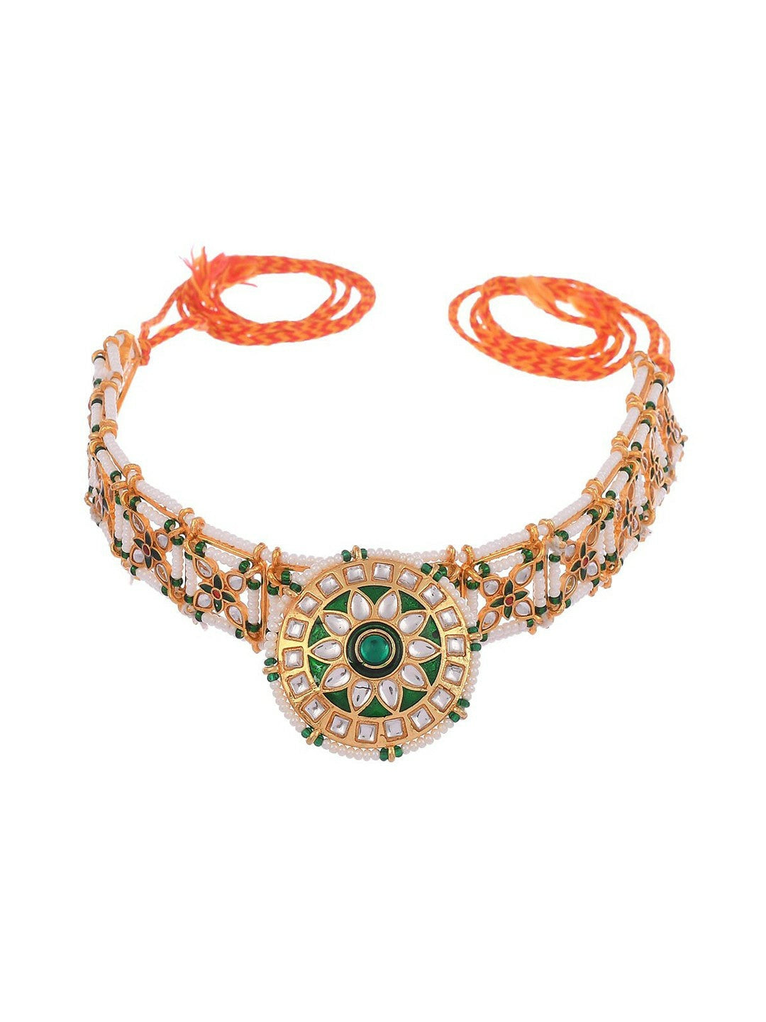 Green & White Gold-Plated Matha Patti – Jadau Stone & Beaded Bridal Headpiece | Indiaista