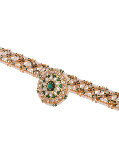 Green & White Gold-Plated Matha Patti – Jadau Stone & Beaded Bridal Headpiece | Indiaista