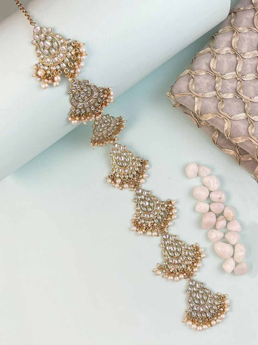 Gold-Plated Kundan Head Chain for Women – White Beaded Hair Braid Choti | Indiaista