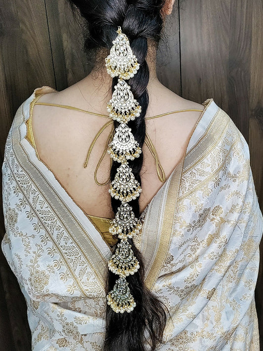 Gold-Plated Kundan Head Chain for Women – White Beaded Hair Braid Choti | Indiaista