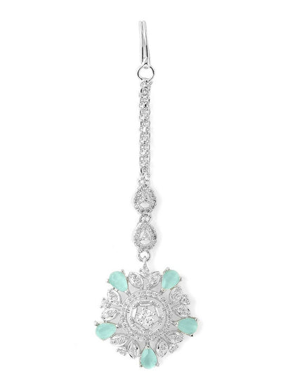 Rhodium-Plated Matha Patti with Green & White AD Stones – Elegant Bridal & Festive Maang Tikka | Indiaista