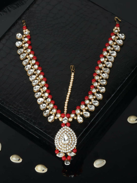 Gold-Plated Matha Patti for Women – Handcrafted, White & Red Stone Beaded Bridal Headpiece | Indiaista