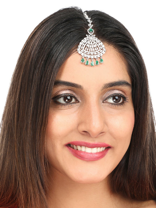 Silver-Plated Green AD Studded Matha Patti for Women – Handcrafted Maang Tikka | Indiaista