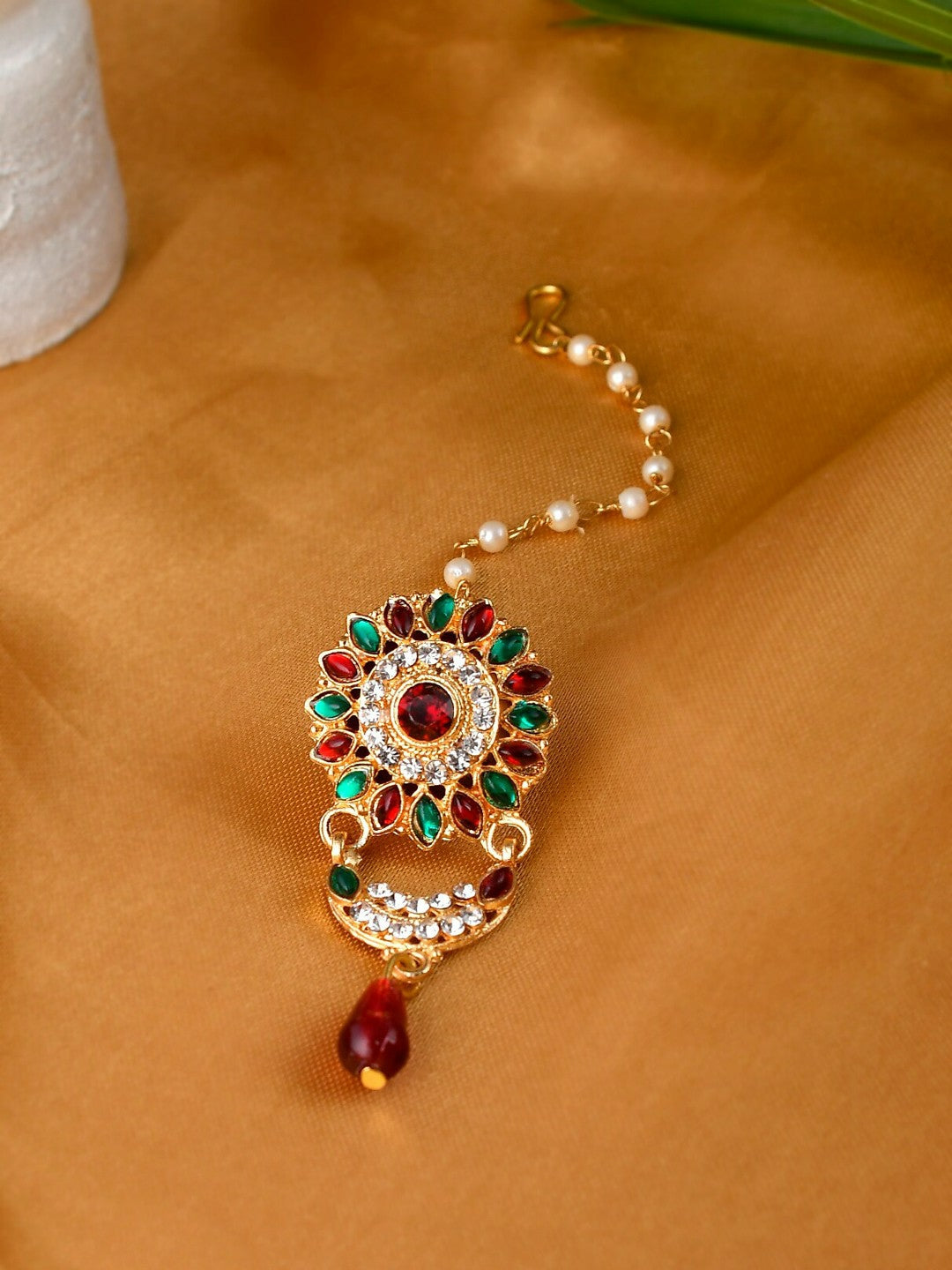 Red & Green Gold-Plated Matha Patti – Stone-Studded & Pearl Beaded Maang Tikka | Indiaista