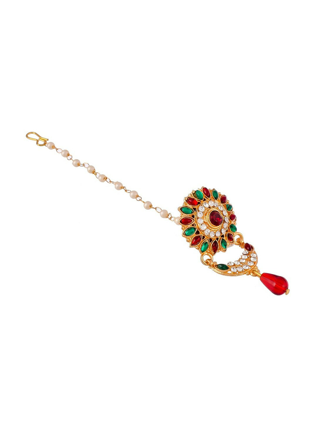 Red & Green Gold-Plated Matha Patti – Stone-Studded & Pearl Beaded Maang Tikka | Indiaista