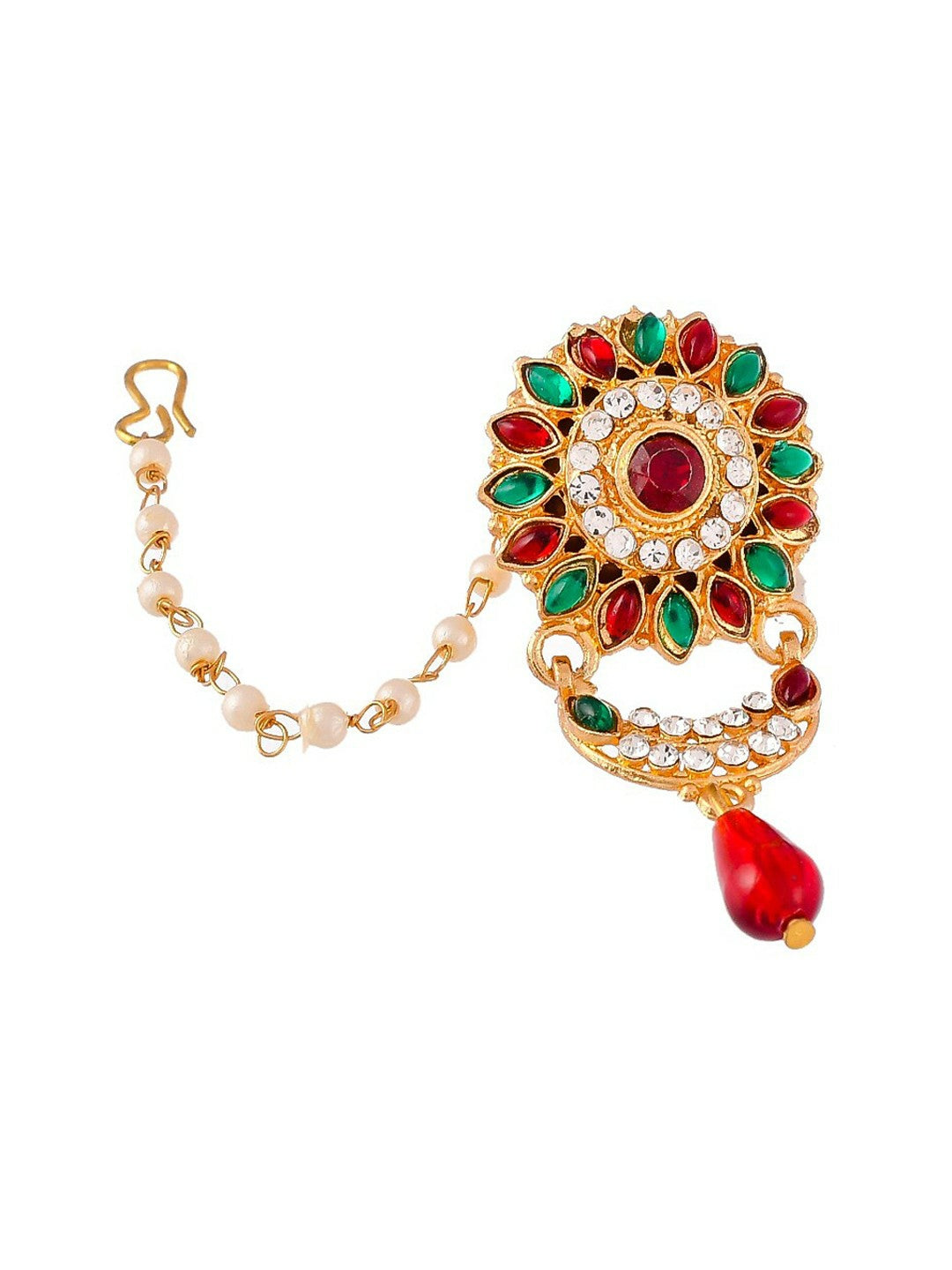 Red & Green Gold-Plated Matha Patti – Stone-Studded & Pearl Beaded Maang Tikka | Indiaista