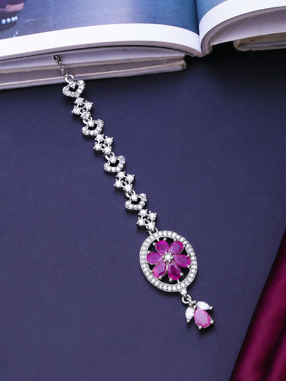 Silver-Plated Pink AD Studded Maang Tikka – Handcrafted Matha Patti for Women | Indiaista