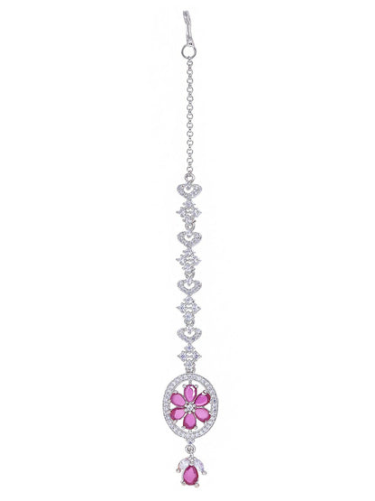 Silver-Plated Pink AD Studded Maang Tikka – Handcrafted Matha Patti for Women | Indiaista