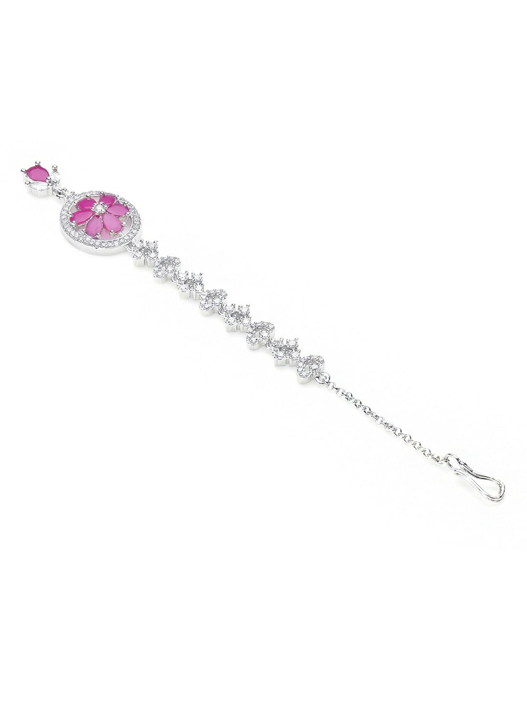 Silver-Plated Pink AD Studded Maang Tikka – Handcrafted Matha Patti for Women | Indiaista