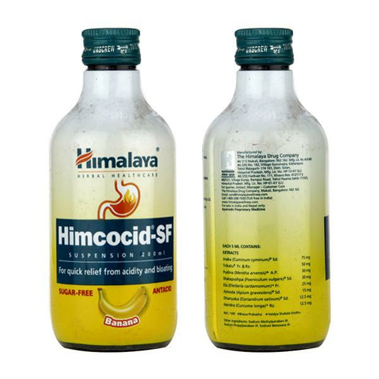 Himalaya Himcocid-SF Suspension – Sugar-Free Stomach Care for Acidity & Ulcers (Banana Flavor, 200ml) | Indiaista