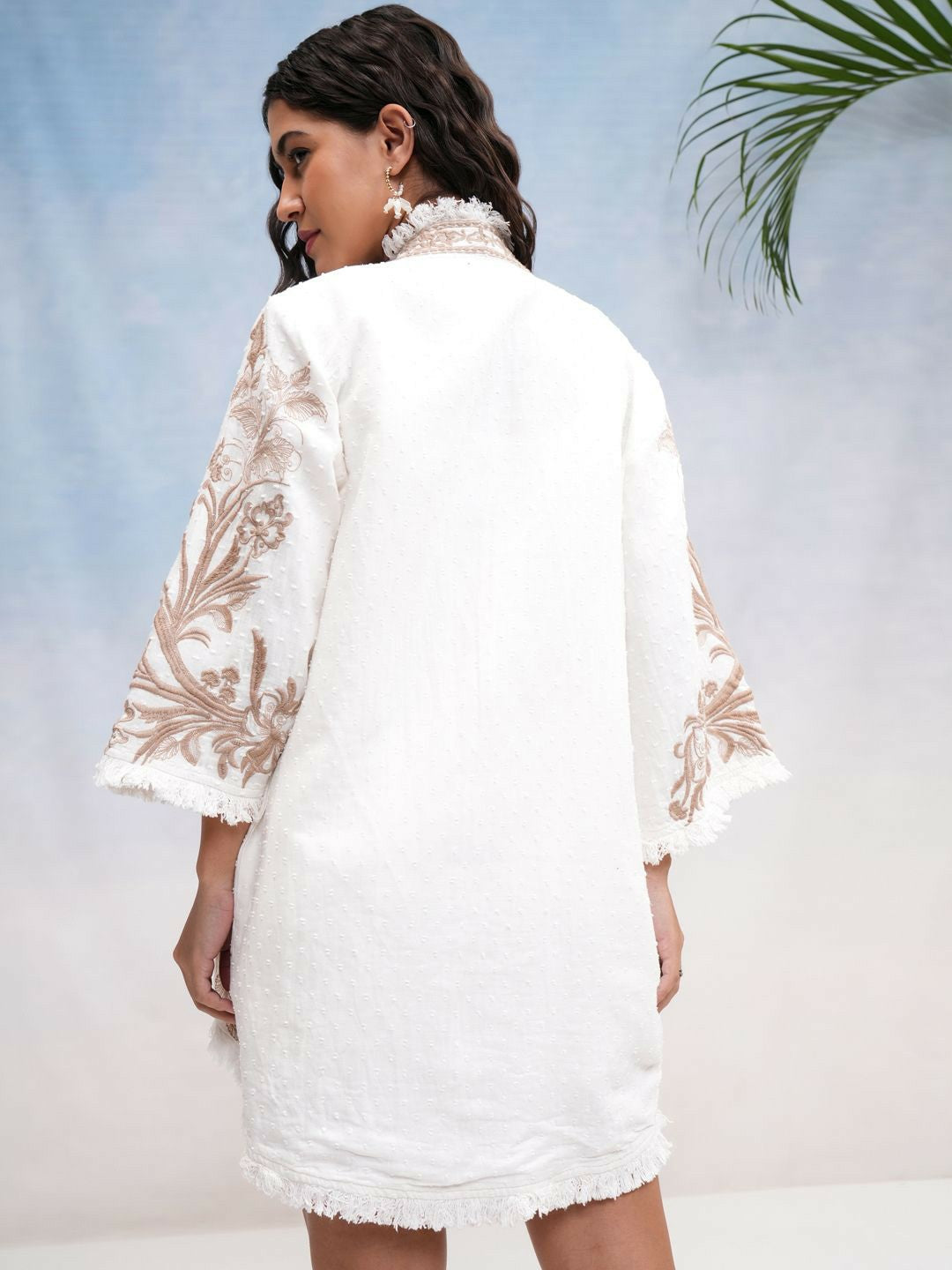 Buy Women Open Front Embroidered Kimono Jacket – Off White | Indiaista