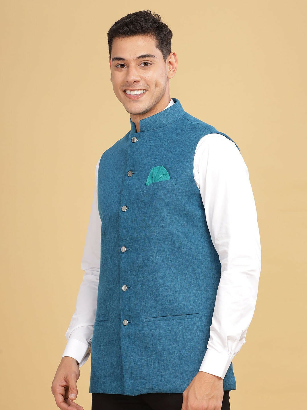 Blue Woven-Design Nehru Jacket for Men | Mandarin Collar, Sleeveless, 2 Pockets