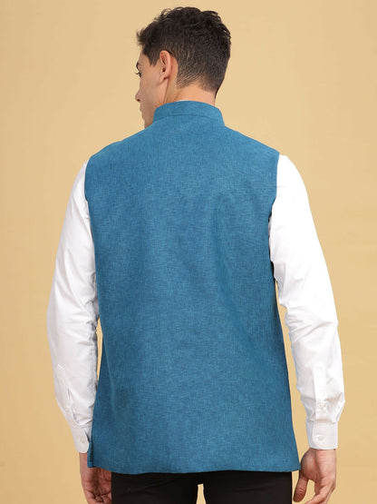 Blue Woven-Design Nehru Jacket for Men | Mandarin Collar, Sleeveless, 2 Pockets