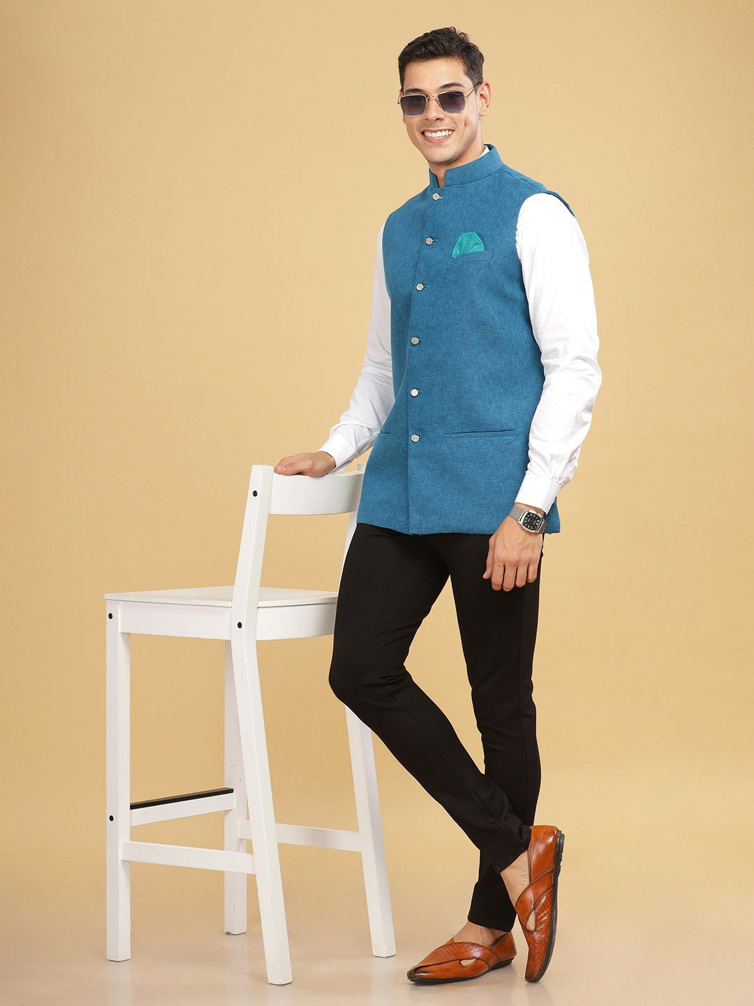 Blue Woven-Design Nehru Jacket for Men | Mandarin Collar, Sleeveless, 2 Pockets