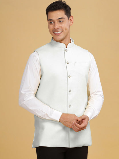 Men's White Solid Woven Nehru Jacket with Mandarin Collar, Sleeveless & Pocket Square