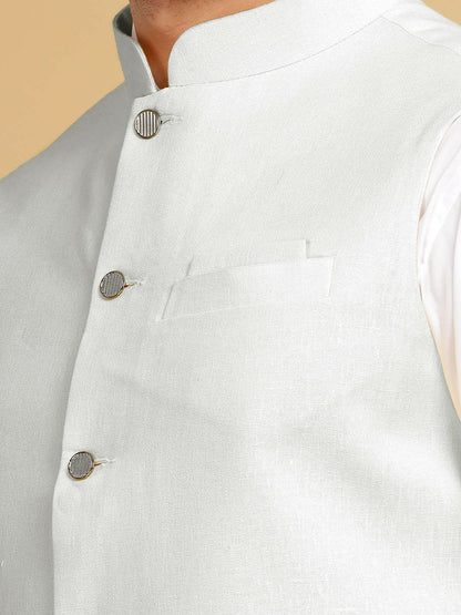 Men's White Solid Woven Nehru Jacket with Mandarin Collar, Sleeveless & Pocket Square