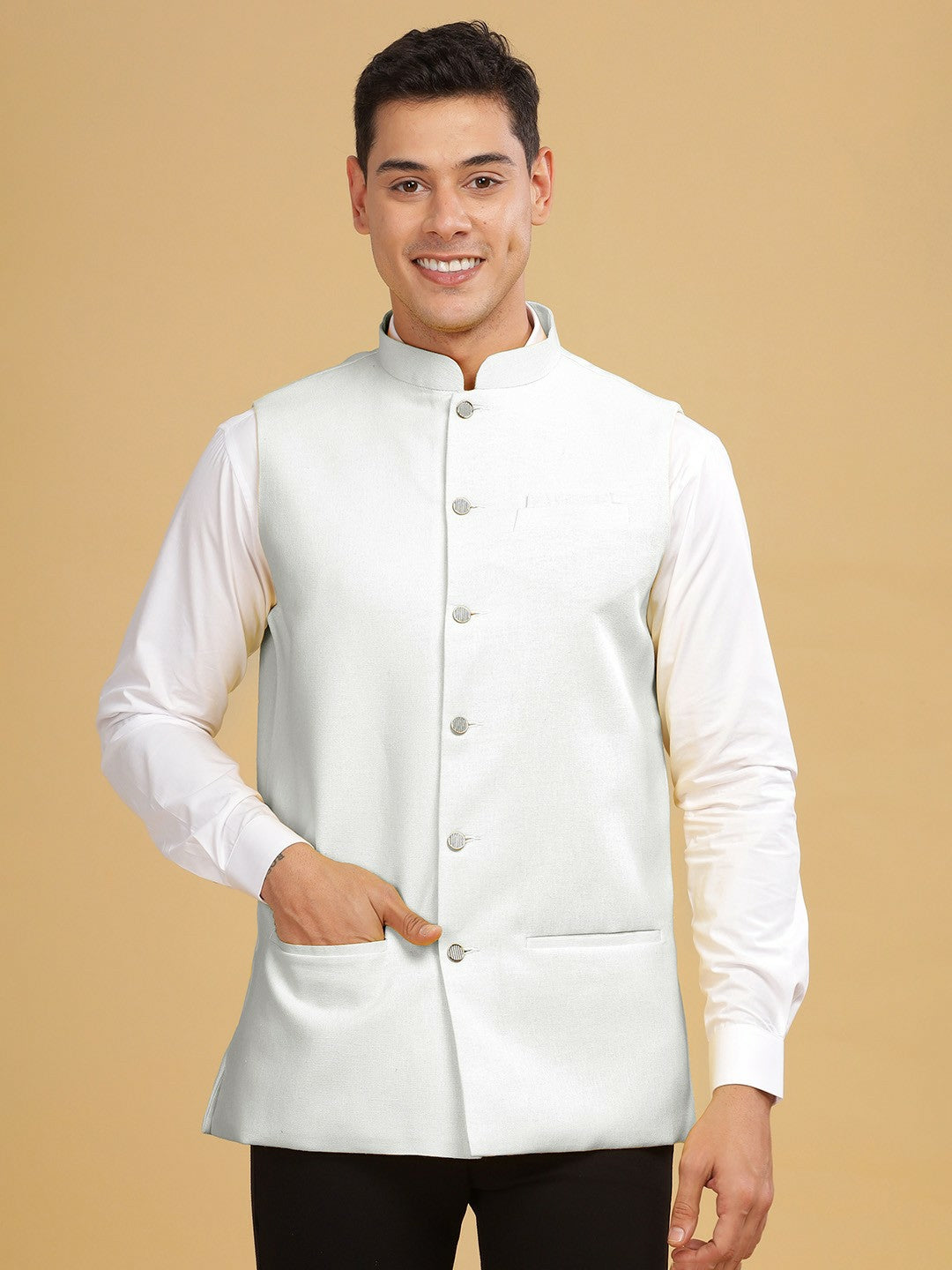 Men's White Solid Woven Nehru Jacket with Mandarin Collar, Sleeveless & Pocket Square