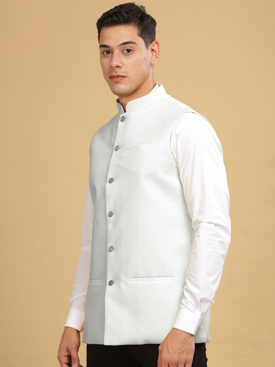 Men's White Solid Woven Nehru Jacket with Mandarin Collar, Sleeveless & Pocket Square