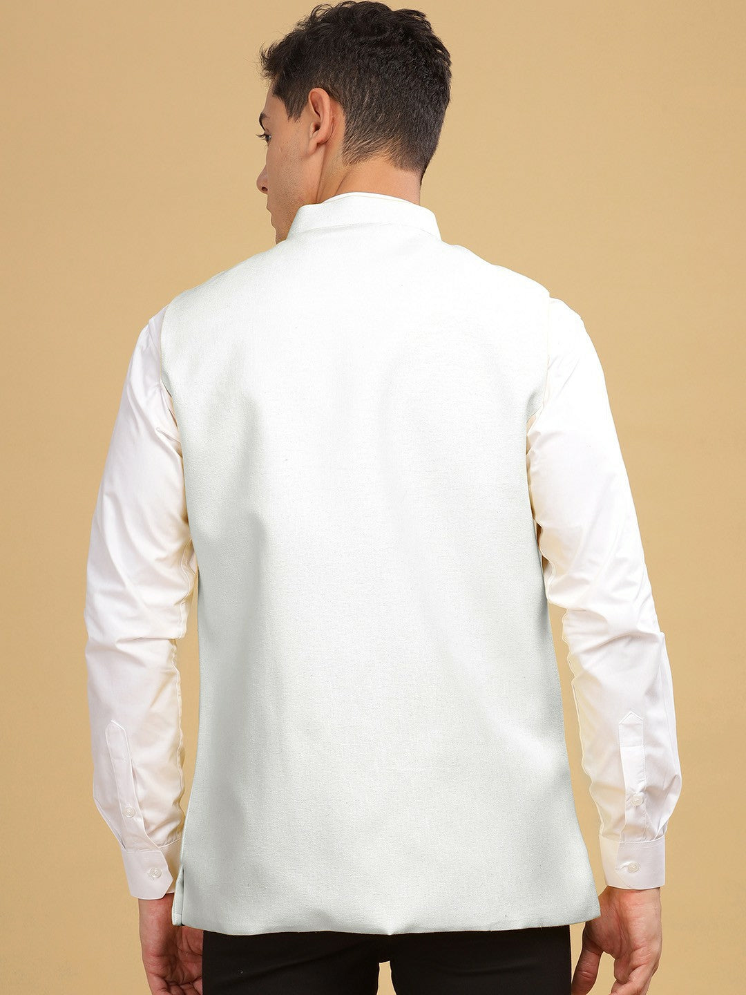 Men's White Solid Woven Nehru Jacket with Mandarin Collar, Sleeveless & Pocket Square