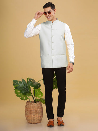 Men's White Solid Woven Nehru Jacket with Mandarin Collar, Sleeveless & Pocket Square