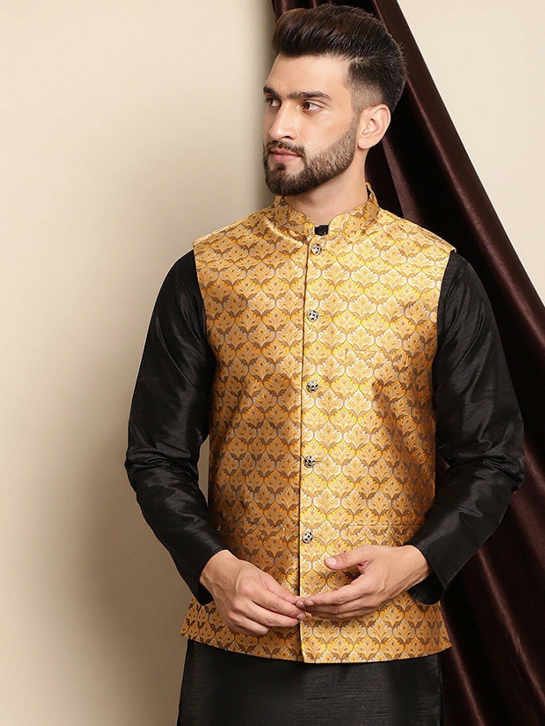 Mustard Yellow & Beige Woven Design Nehru Jacket for Men | Sleeveless with Mandarin Collar & Pockets